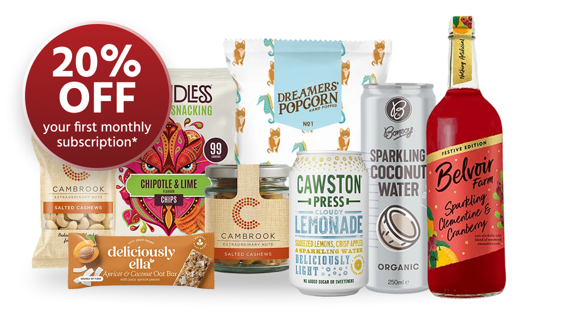Montage of fine food snacks with a promo bubble that says 20% off your first monthly subscription*